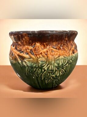 Hand-Glazed Floral Relief Ceramic Vase in Green and Brown